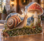 Artwork visualization: Snail and toadstool — personalized housewarming, personalized AURORA, subject-shaped acrylic with printed optical 3D depth; not carved relief.