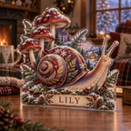 Artwork visualization: Snail and toadstool — quiet corner decoration, personalized LILY, subject-shaped acrylic with printed optical 3D depth; not carved relief.