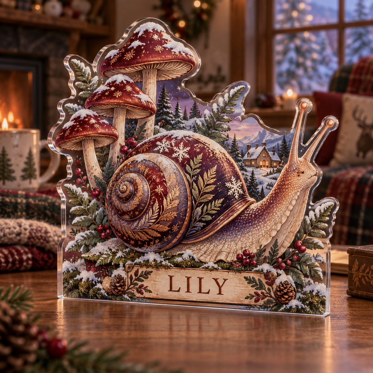 Artwork visualization: Snail and toadstool — quiet corner decoration, personalized LILY, subject-shaped acrylic with printed optical 3D depth; not carved relief.