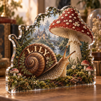 Artwork visualization: Snail and toadstool — collector birthday keepsake, personalized LILY, subject-shaped acrylic with printed optical 3D depth; not carved relief.