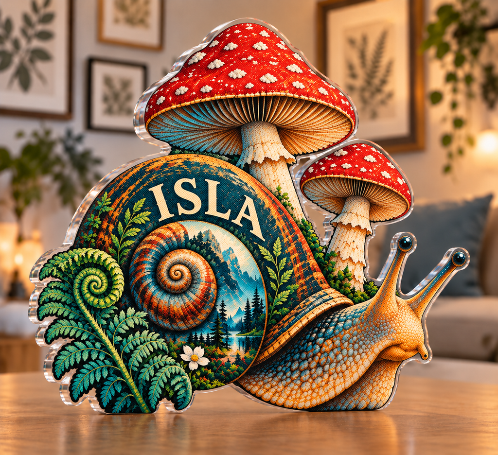 Personalized Snail And Toadstool — Apartment Gallery Wall acrylic plaque with an example name set into the artwork, digital preview