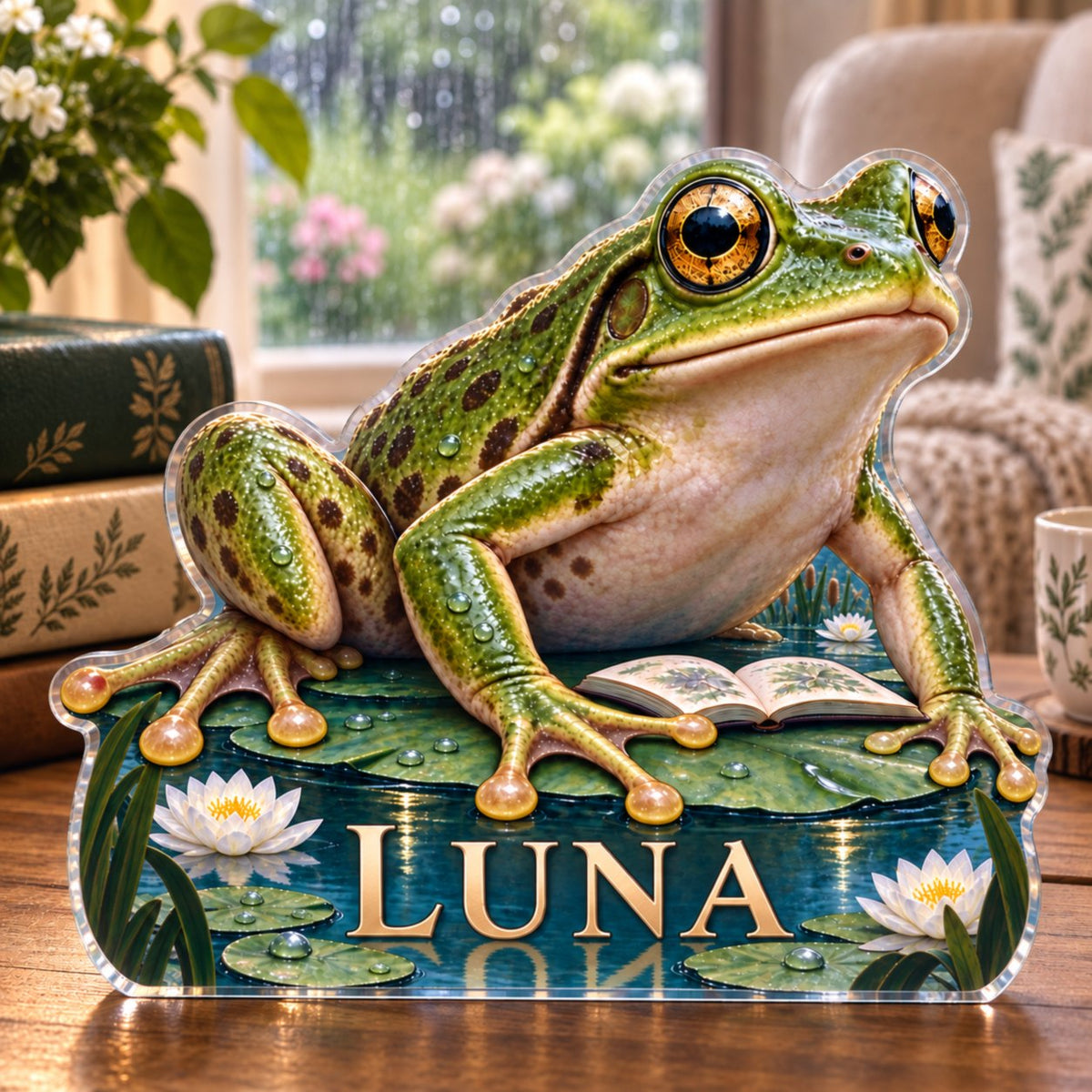 Personalized Frog Pond Reading Nook Decor custom shape acrylic plaque with an example name set into the artwork, digital preview