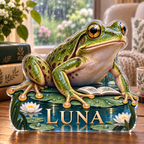 Artwork visualization: Frog pond — reading nook decor, personalized LUNA, subject-shaped acrylic with printed optical 3D depth; not carved relief.