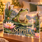Artwork visualization: Frog pond — bedroom statement decor, personalized SOPHIA, subject-shaped acrylic with printed optical 3D depth; not carved relief.