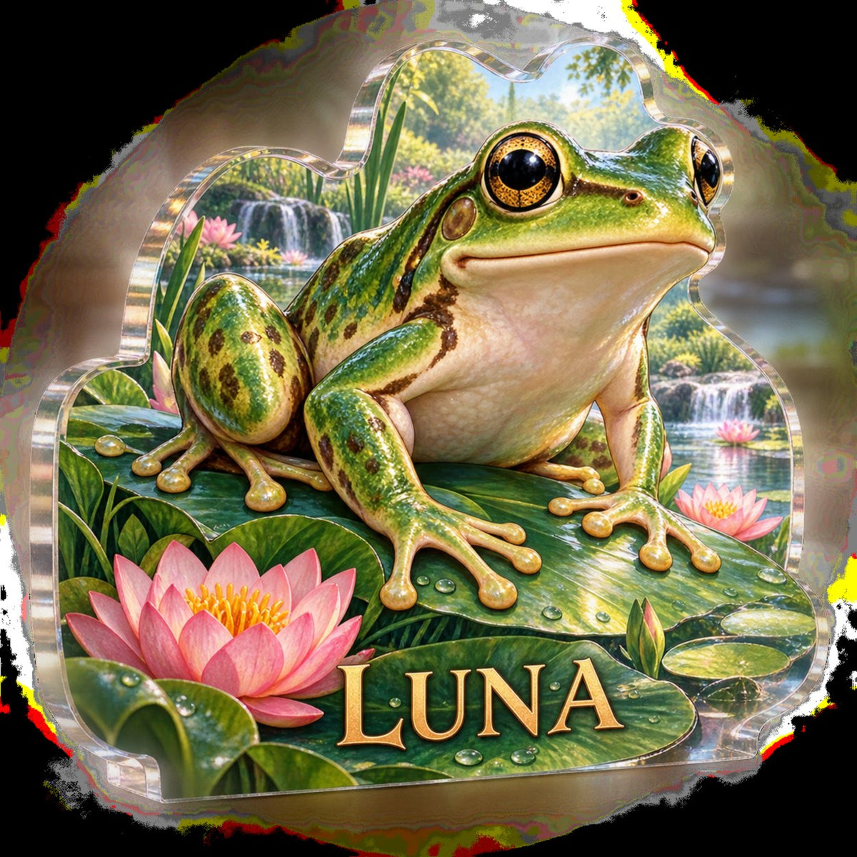 Personalized Frog Pond Living Room Focal Point custom shape acrylic plaque with an example name set into the artwork, digital preview