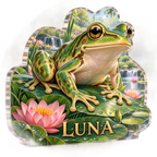 Artwork visualization: Frog pond — living room focal point, personalized LUNA, subject-shaped acrylic with printed optical 3D depth; not carved relief.