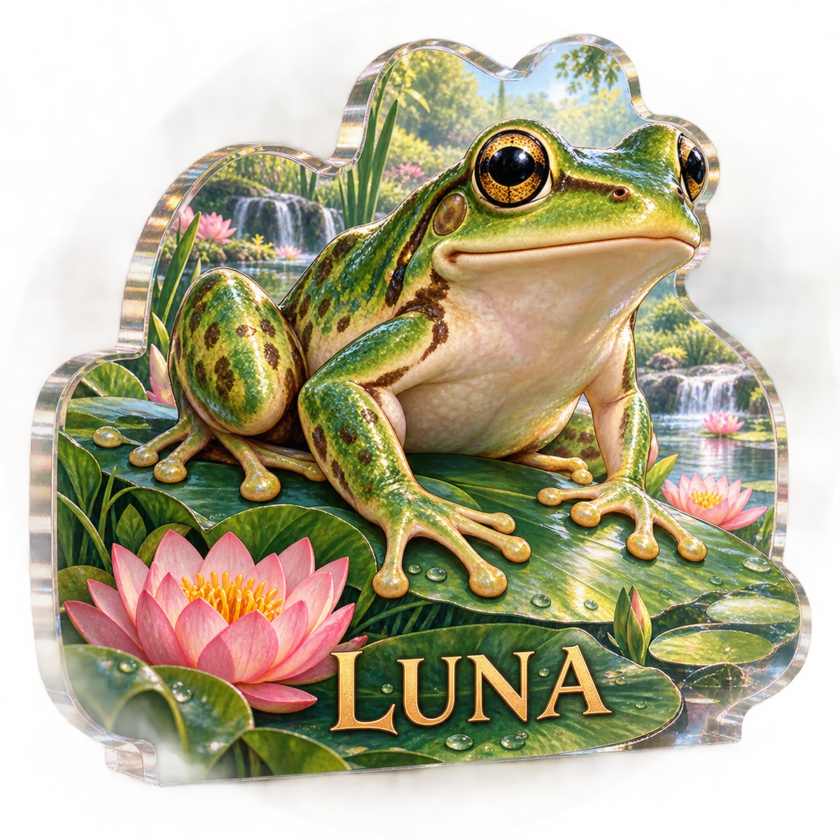 Artwork visualization: Frog pond — living room focal point, personalized LUNA, subject-shaped acrylic with printed optical 3D depth; not carved relief.
