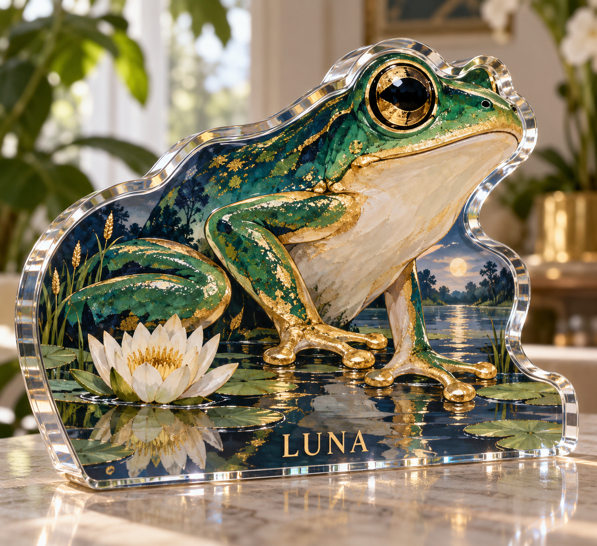 Artwork visualization: Frog pond — personalized housewarming, personalized LUNA, subject-shaped acrylic with printed optical 3D depth; not carved relief.