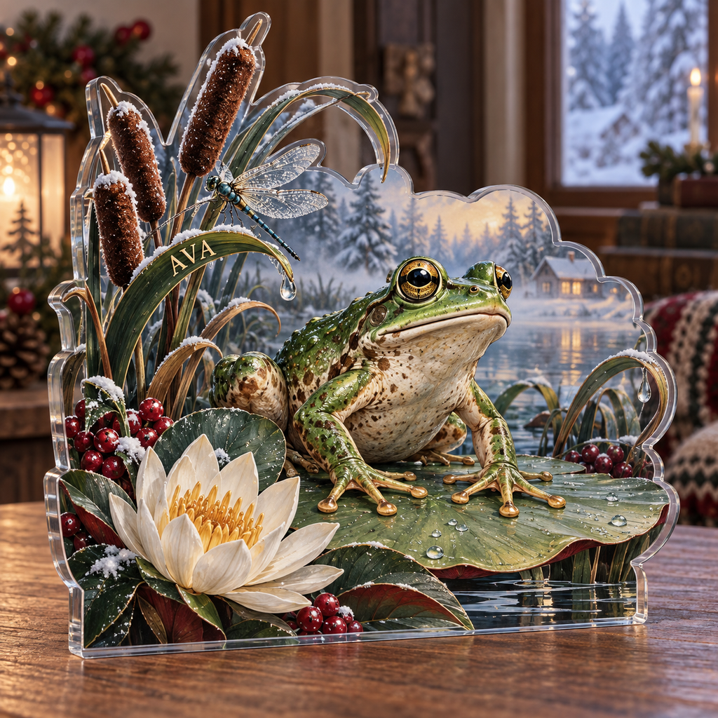 Artwork visualization: Frog pond — quiet corner decoration, personalized AVA, subject-shaped acrylic with printed optical 3D depth; not carved relief.