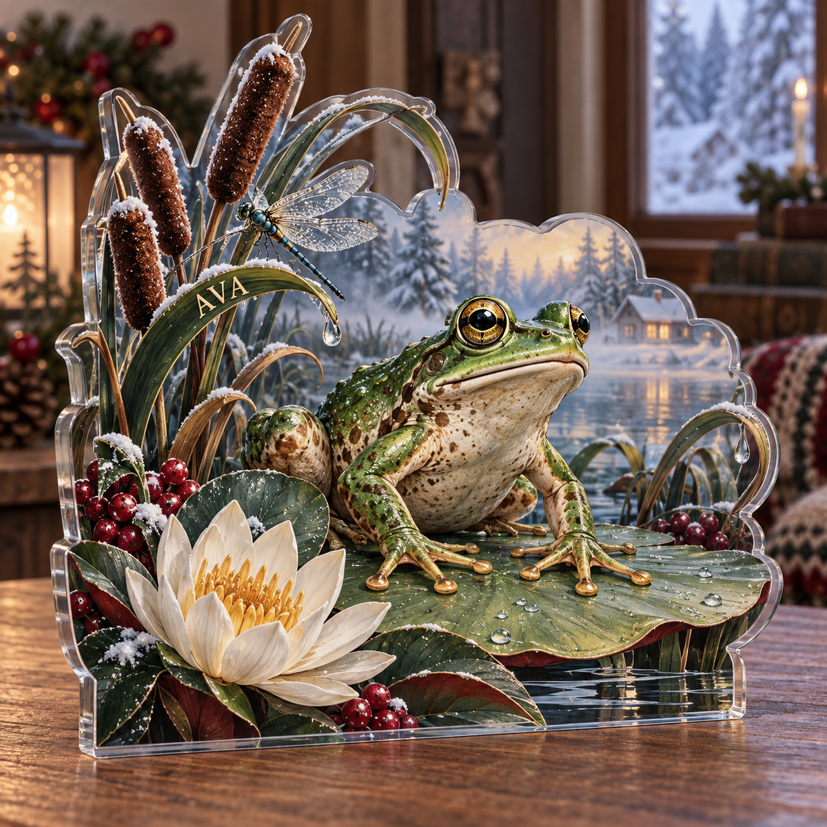 Artwork visualization: Frog pond — quiet corner decoration, personalized AVA, subject-shaped acrylic with printed optical 3D depth; not carved relief.