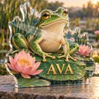 Artwork visualization: Frog pond — collector birthday keepsake, personalized AVA, subject-shaped acrylic with printed optical 3D depth; not carved relief.