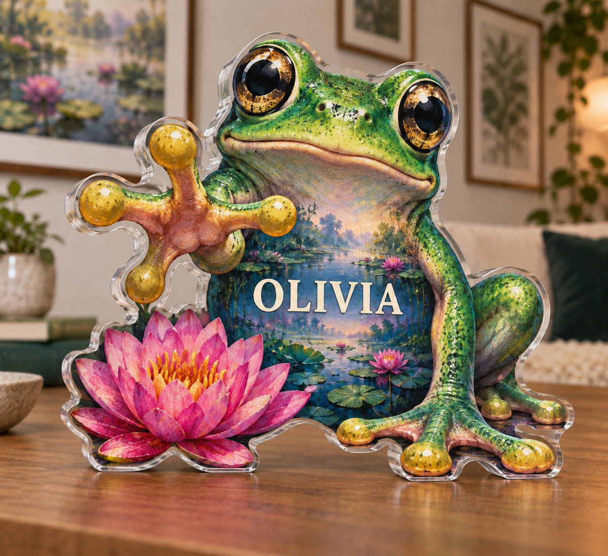 Personalized Frog Pond — Apartment Gallery Wall acrylic plaque with an example name set into the artwork, digital preview