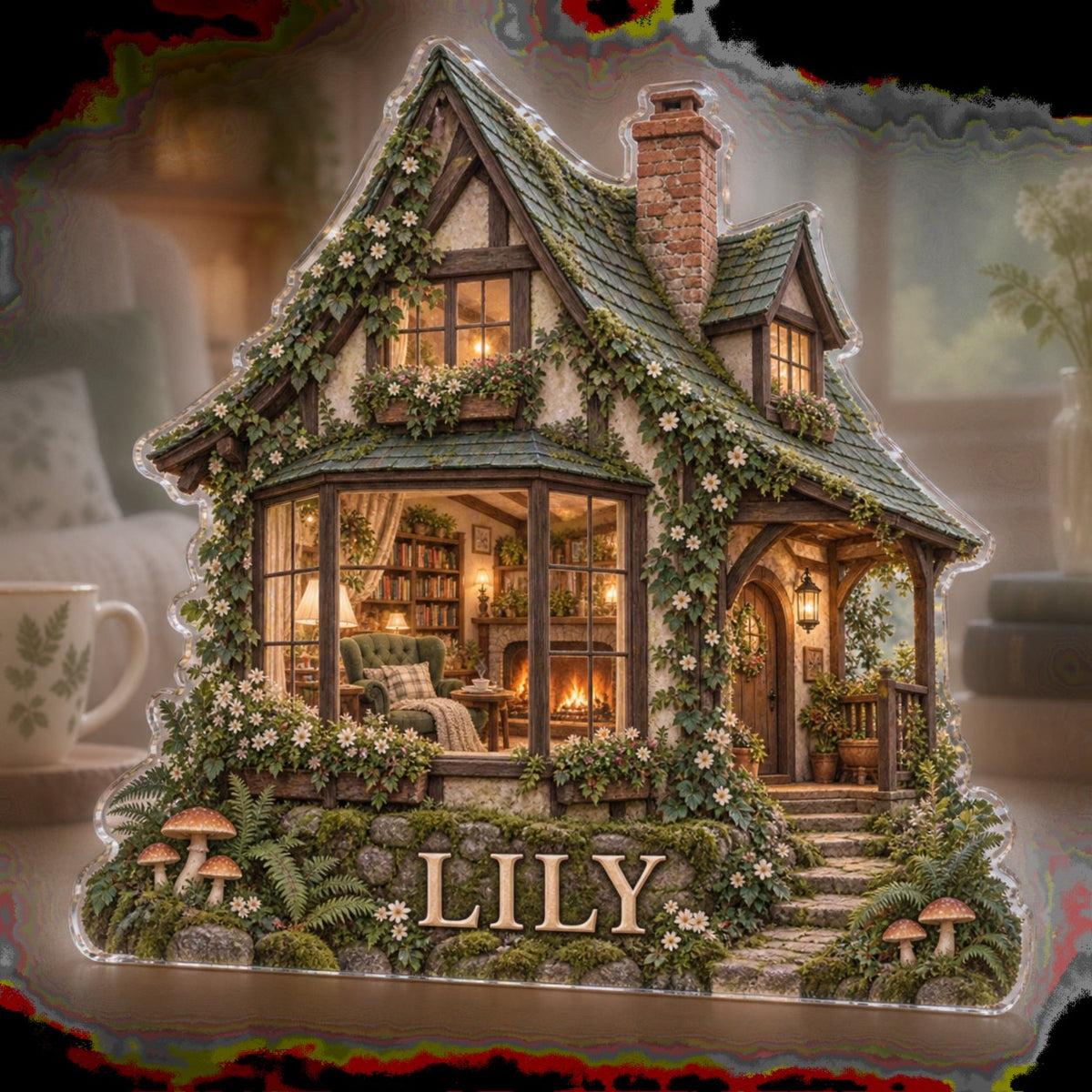Personalized Woodland Cottage Reading Nook Decor custom shape acrylic plaque with an example name set into the artwork, digital preview