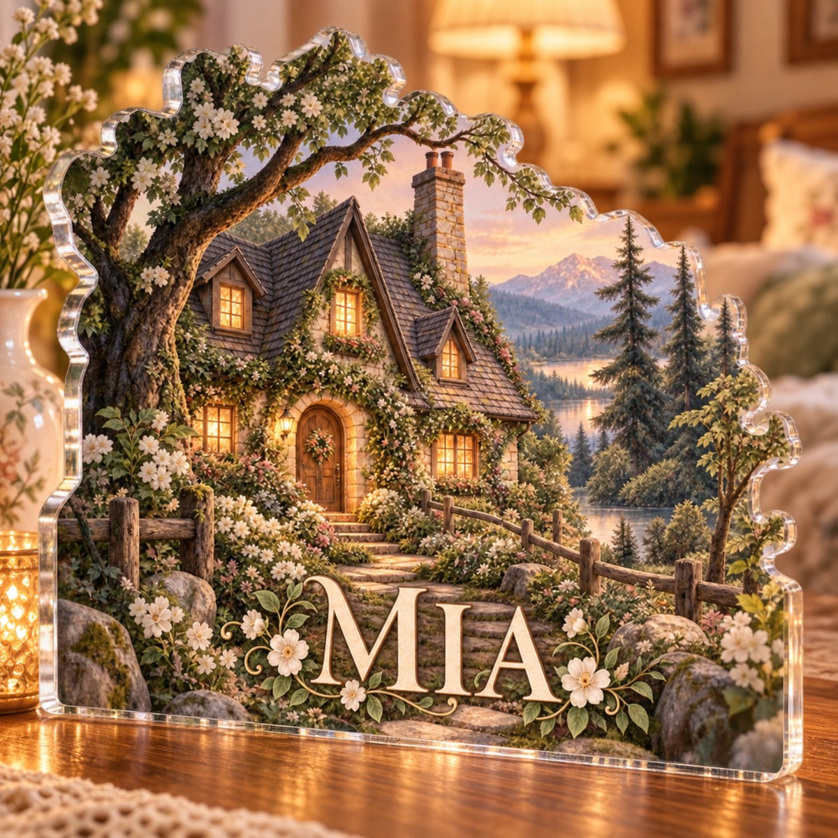 Personalized Woodland Cottage Bedroom Statement Decor custom shape acrylic plaque with an example name set into the artwork, digital preview