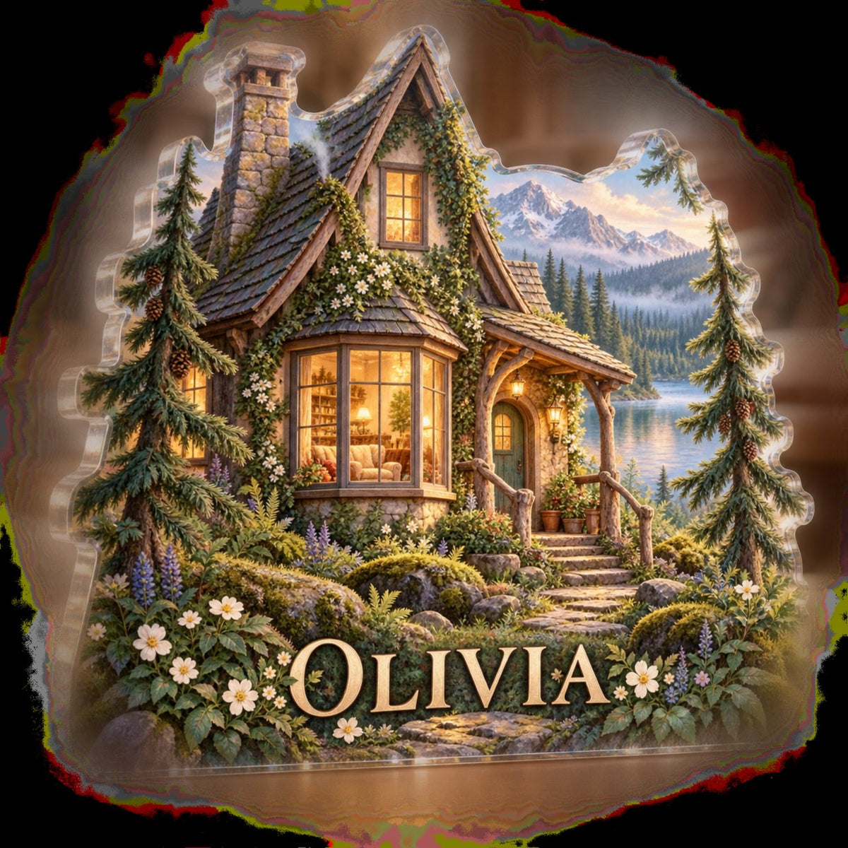 Personalized Woodland Cottage Living Room Focal Point custom shape acrylic plaque with an example name set into the artwork, digital preview