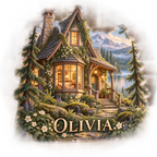 Artwork visualization: Woodland cottage — living room focal point, personalized OLIVIA, subject-shaped acrylic with printed optical 3D depth; not carved relief.