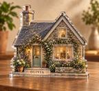 Artwork visualization: Woodland cottage — personalized housewarming, personalized OLIVIA, subject-shaped acrylic with printed optical 3D depth; not carved relief.