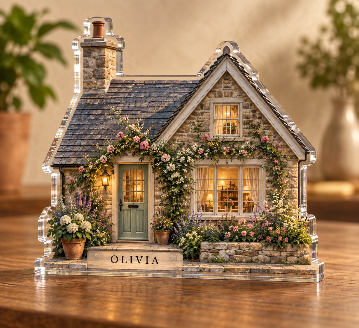 Artwork visualization: Woodland cottage — personalized housewarming, personalized OLIVIA, subject-shaped acrylic with printed optical 3D depth; not carved relief.