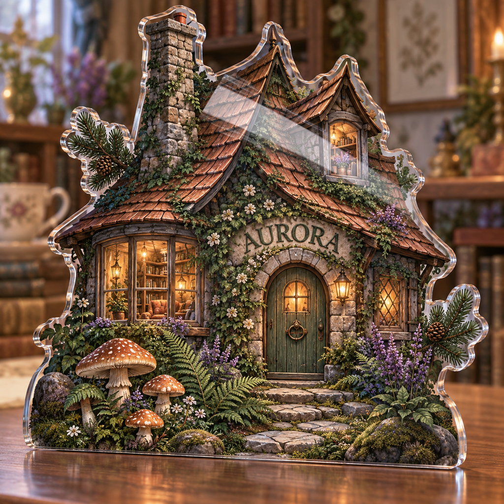 Artwork visualization: Woodland cottage — collector birthday keepsake, personalized AURORA, subject-shaped acrylic with printed optical 3D depth; not carved relief.