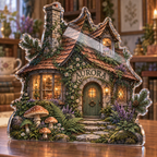 Artwork visualization: Woodland cottage — collector birthday keepsake, personalized AURORA, subject-shaped acrylic with printed optical 3D depth; not carved relief.
