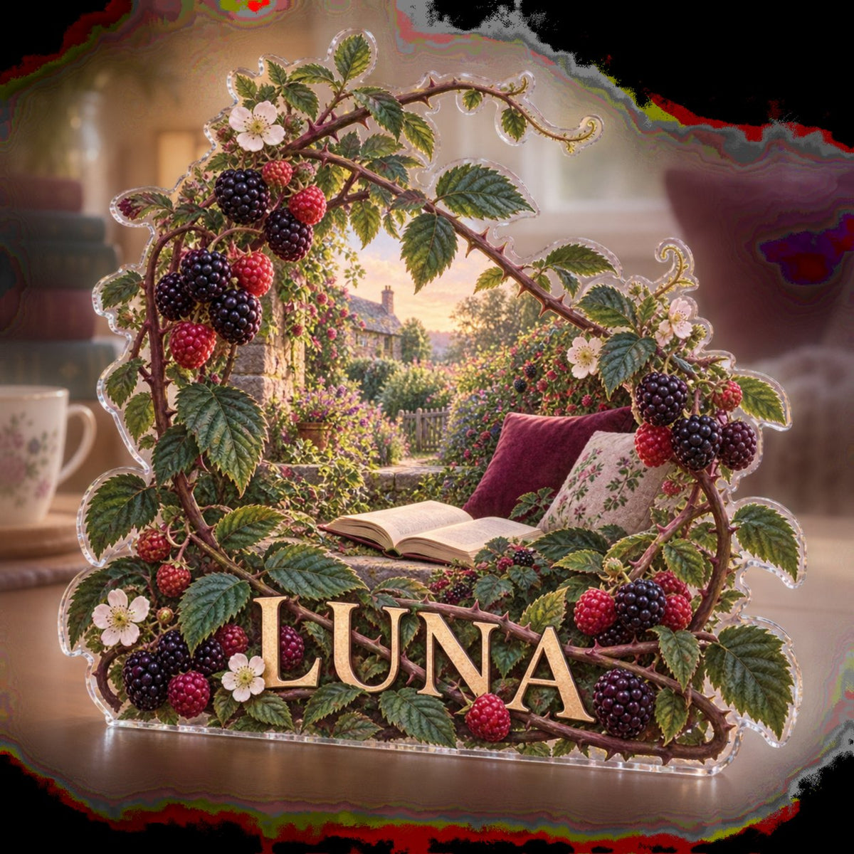 Personalized Wild Berry Bramble Reading Nook Decor custom shape acrylic plaque with an example name set into the artwork, digital preview