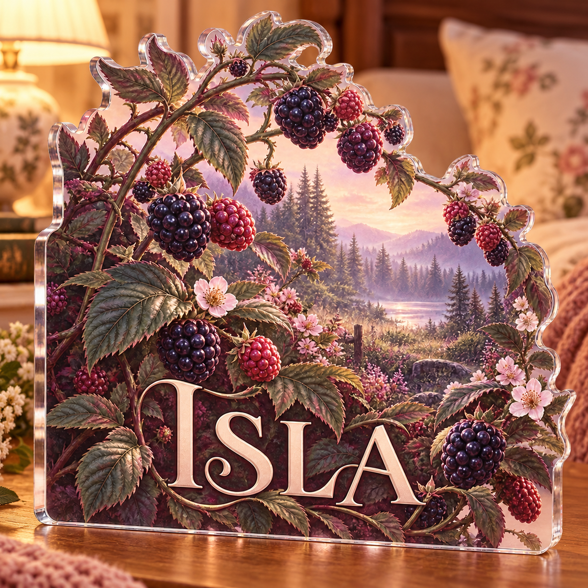 Artwork visualization: Wild berry bramble — bedroom statement decor, personalized ISLA, subject-shaped acrylic with printed optical 3D depth; not carved relief.