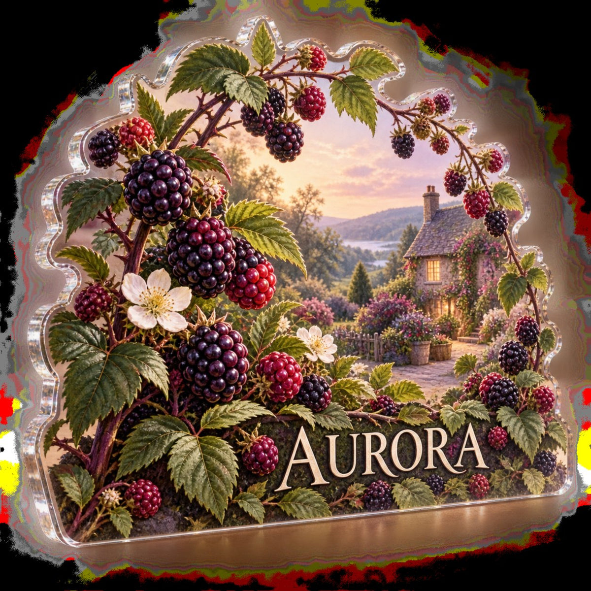 Personalized Wild Berry Bramble Living Room Focal Point custom shape acrylic plaque with an example name set into the artwork, digital preview