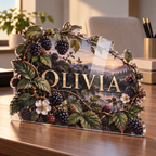 Artwork visualization: Wild berry bramble — home office backdrop, personalized OLIVIA, subject-shaped acrylic with printed optical 3D depth; not carved relief.