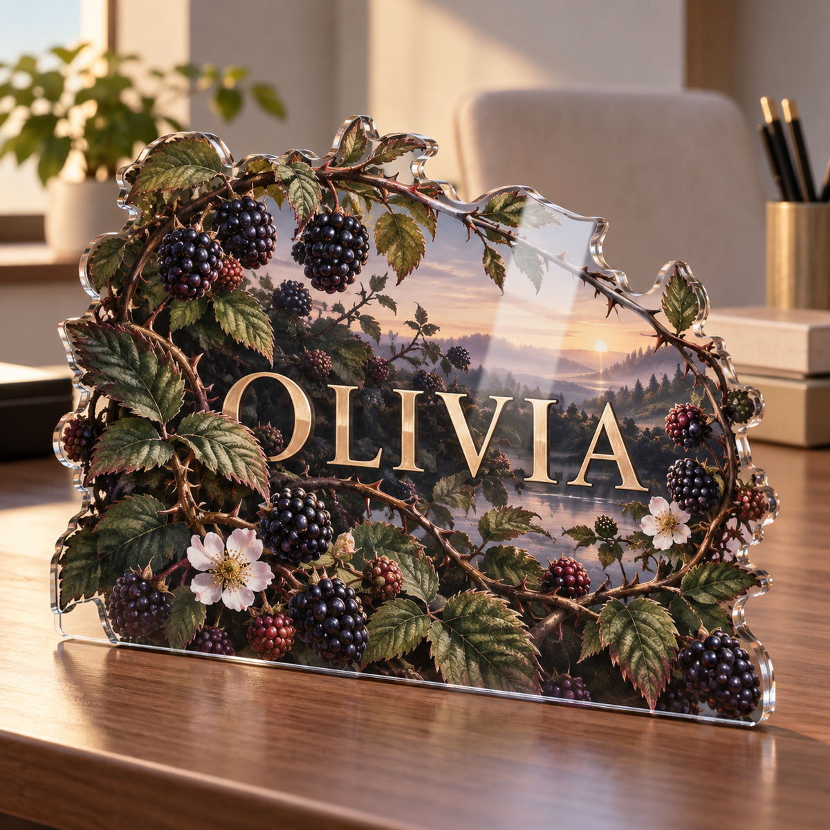 Artwork visualization: Wild berry bramble — home office backdrop, personalized OLIVIA, subject-shaped acrylic with printed optical 3D depth; not carved relief.