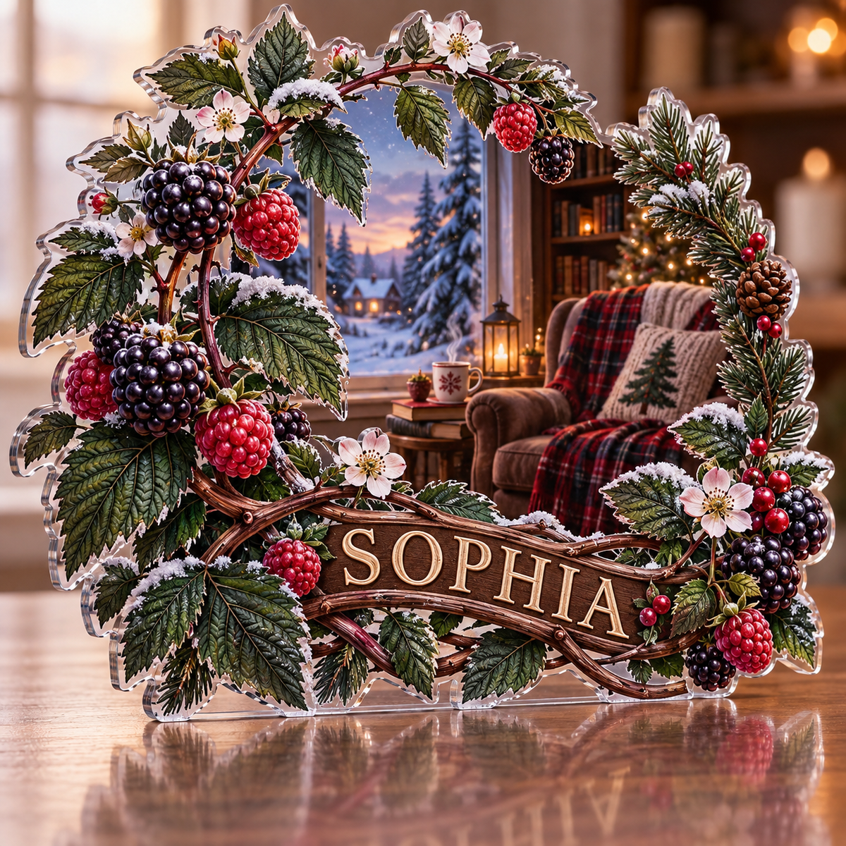 Artwork visualization: Wild berry bramble — quiet corner decoration, personalized SOPHIA, subject-shaped acrylic with printed optical 3D depth; not carved relief.