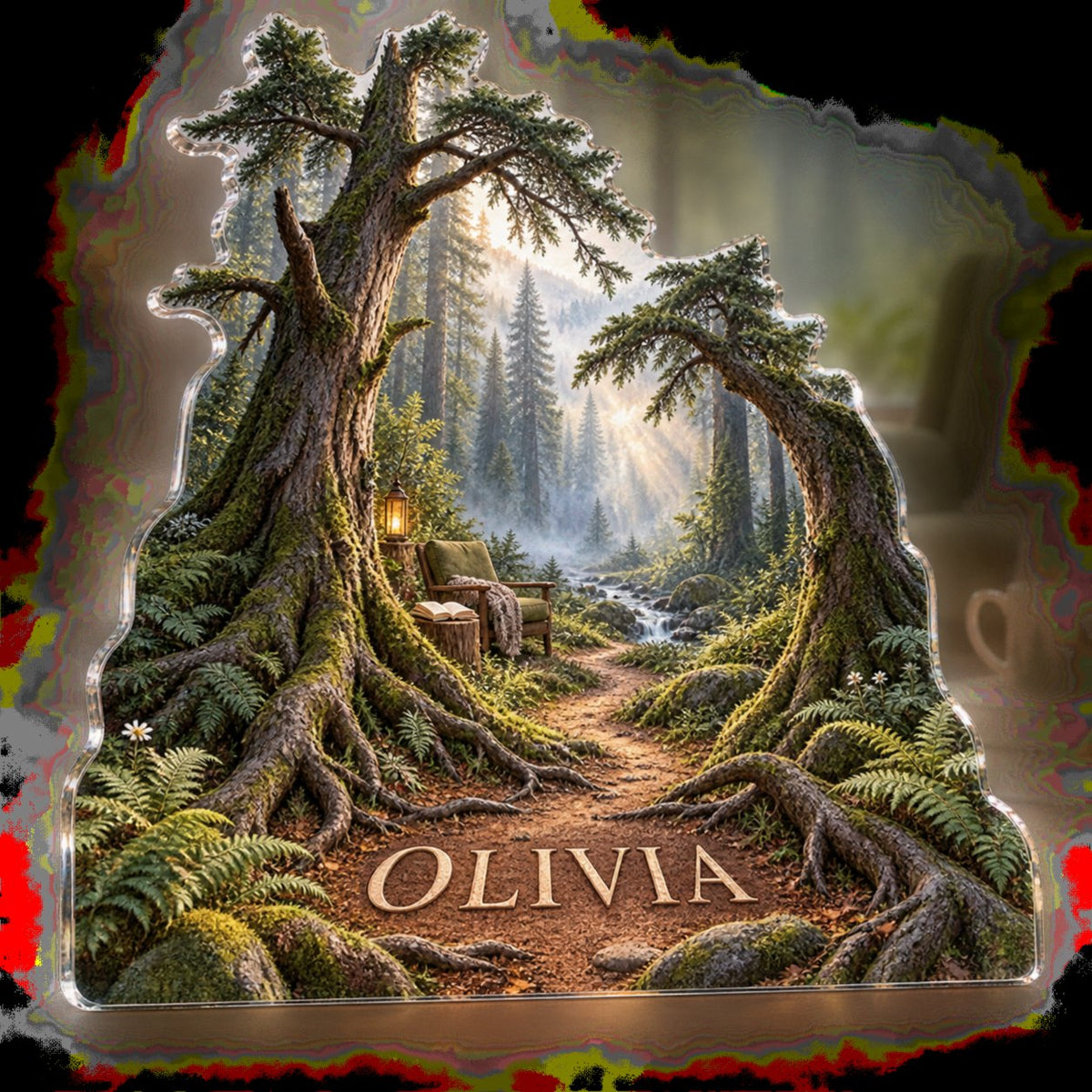 Personalized Forest Path Reading Nook Decor custom shape acrylic plaque with an example name set into the artwork, digital preview