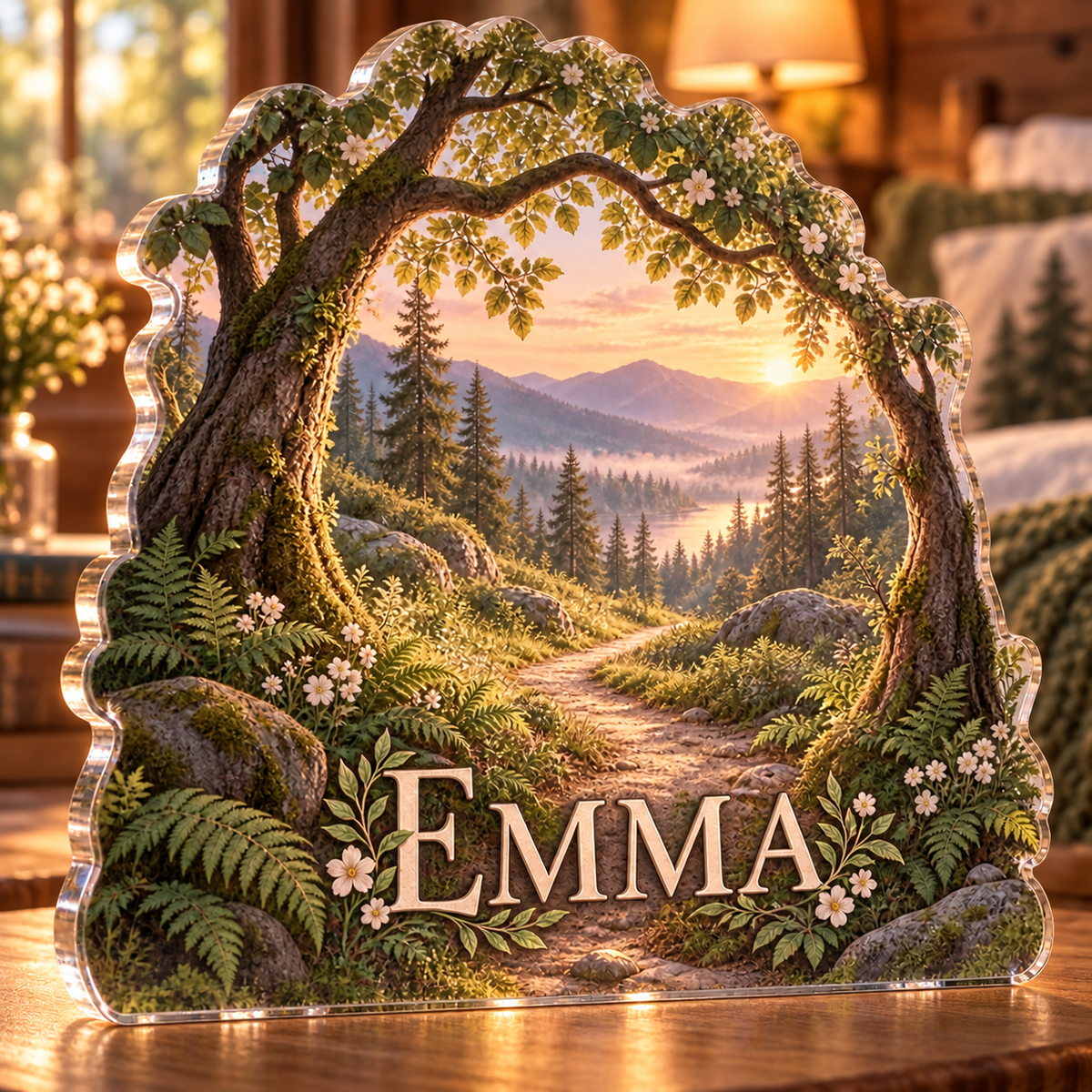 Artwork visualization: Forest path — bedroom statement decor, personalized EMMA, subject-shaped acrylic with printed optical 3D depth; not carved relief.