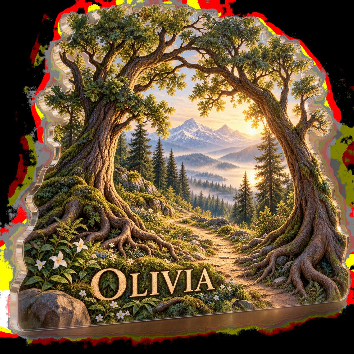 Personalized Forest Path Living Room Focal Point custom shape acrylic plaque with an example name set into the artwork, digital preview