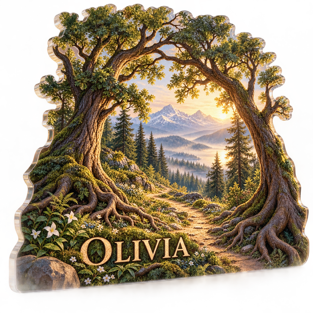 Artwork visualization: Forest path — living room focal point, personalized OLIVIA, subject-shaped acrylic with printed optical 3D depth; not carved relief.