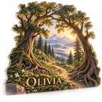 Artwork visualization: Forest path — living room focal point, personalized OLIVIA, subject-shaped acrylic with printed optical 3D depth; not carved relief.