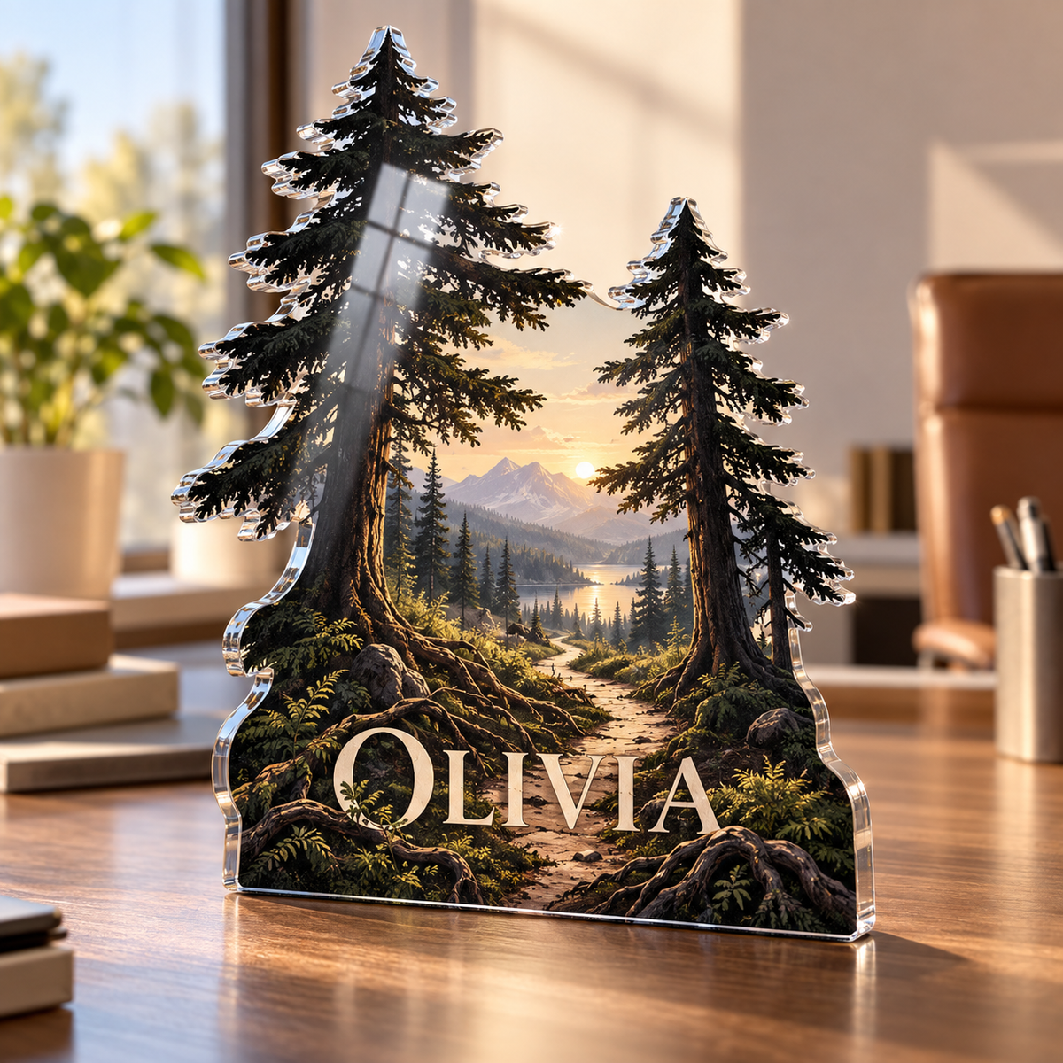 Artwork visualization: Forest path — home office backdrop, personalized OLIVIA, subject-shaped acrylic with printed optical 3D depth; not carved relief.