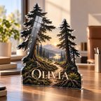 Artwork visualization: Forest path — home office backdrop, personalized OLIVIA, subject-shaped acrylic with printed optical 3D depth; not carved relief.