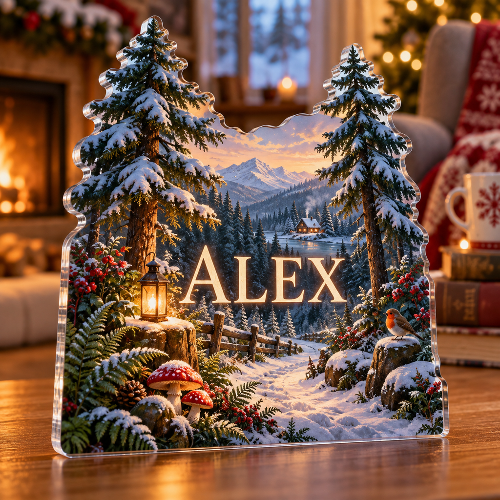 Artwork visualization: Forest path — quiet corner decoration, personalized ALEX, subject-shaped acrylic with printed optical 3D depth; not carved relief.