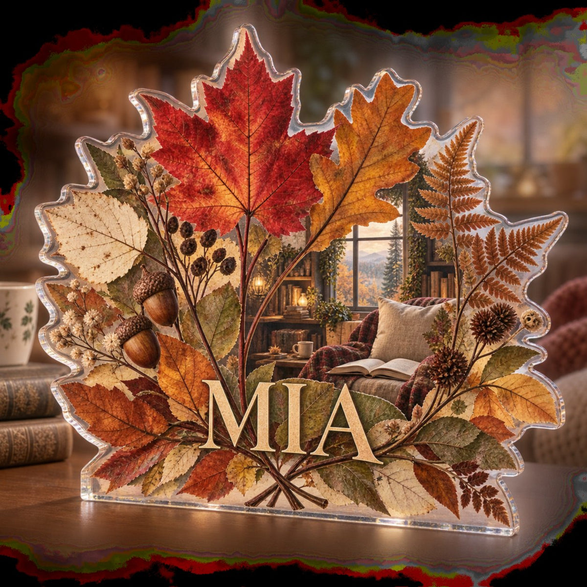 Personalized Pressed Woodland Leaves Reading Nook Decor custom shape acrylic plaque with an example name set into the artwork, digital preview
