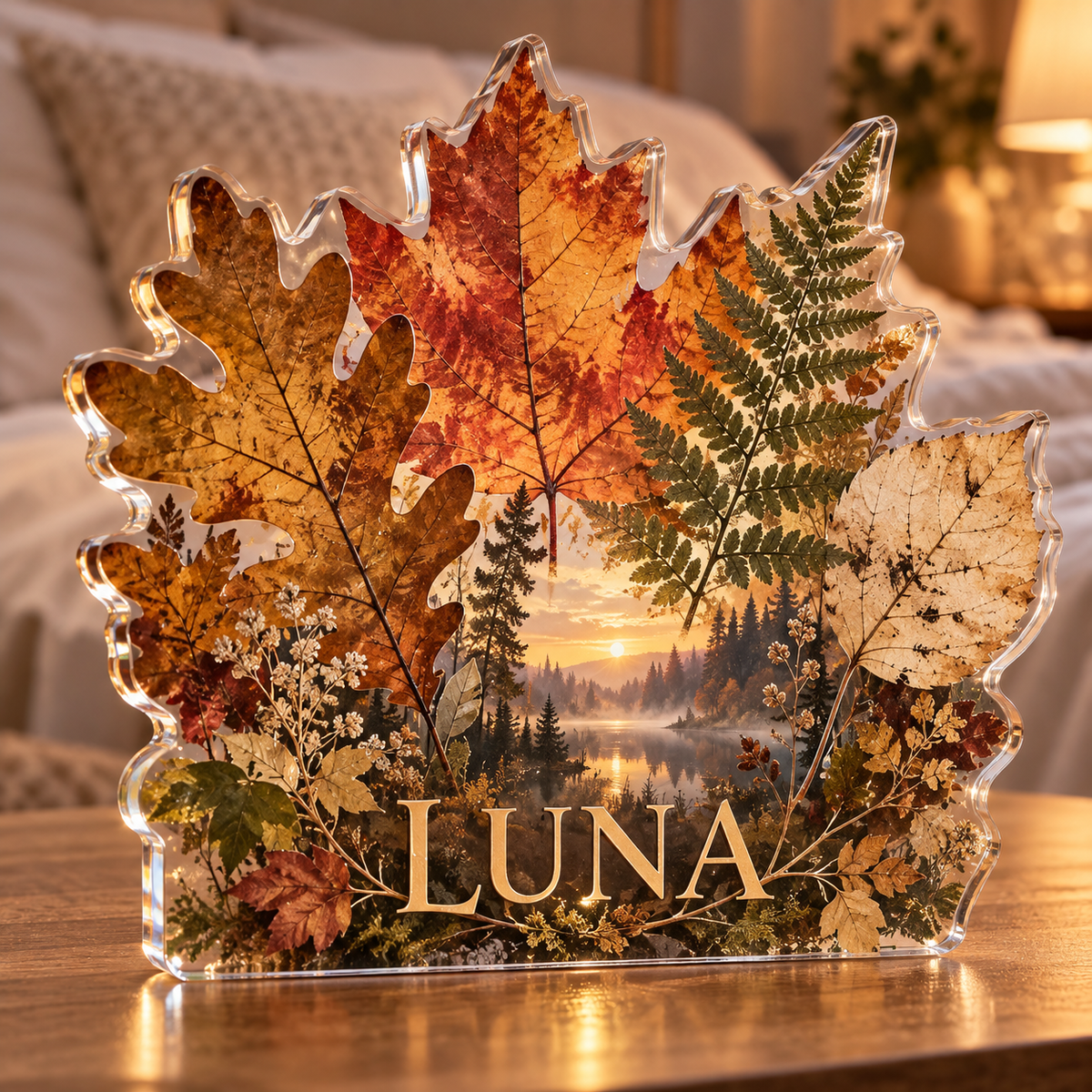 Artwork visualization: Pressed woodland leaves — bedroom statement decor, personalized LUNA, subject-shaped acrylic with printed optical 3D depth; not carved relief.