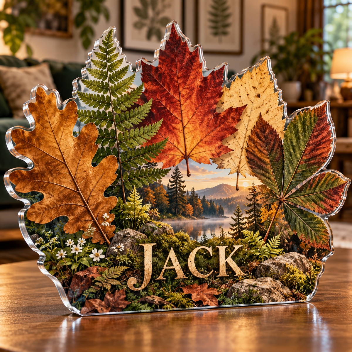 Artwork visualization: Pressed woodland leaves — living room focal point, personalized JACK, subject-shaped acrylic with printed optical 3D depth; not carved relief.