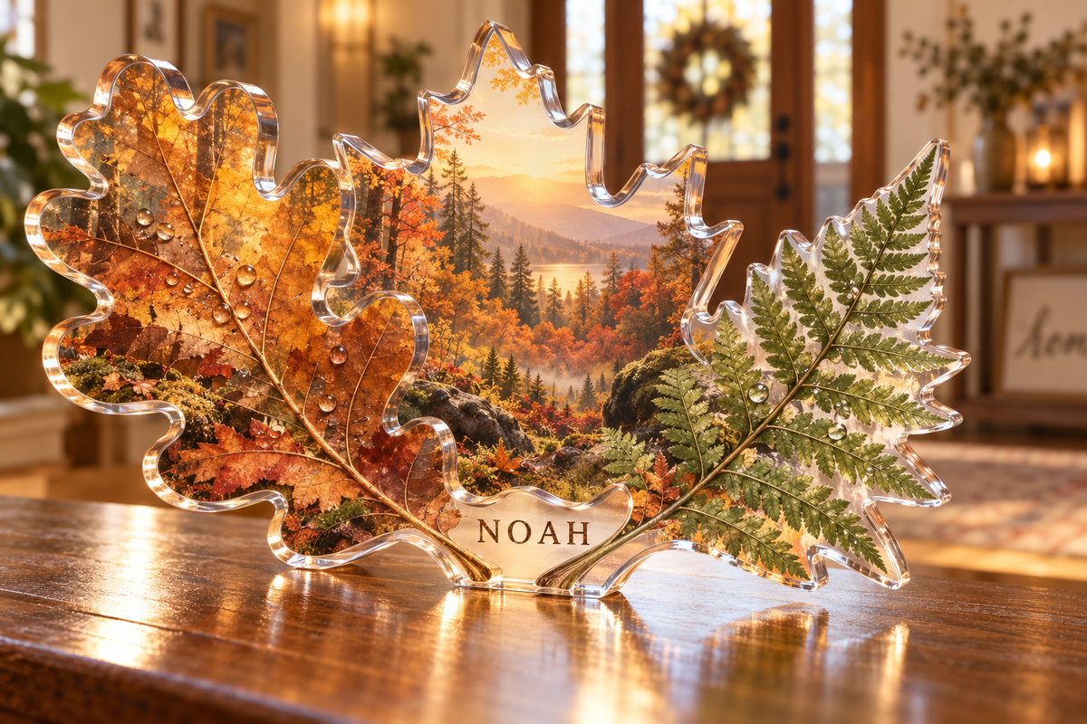 Artwork visualization: Pressed woodland leaves — personalized housewarming, personalized NOAH, subject-shaped acrylic with printed optical 3D depth; not carved relief.