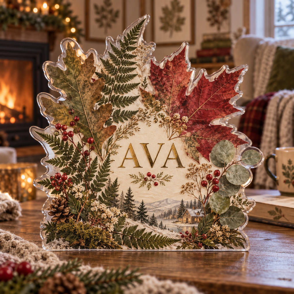 Artwork visualization: Pressed woodland leaves — quiet corner decoration, personalized AVA, subject-shaped acrylic with printed optical 3D depth; not carved relief.