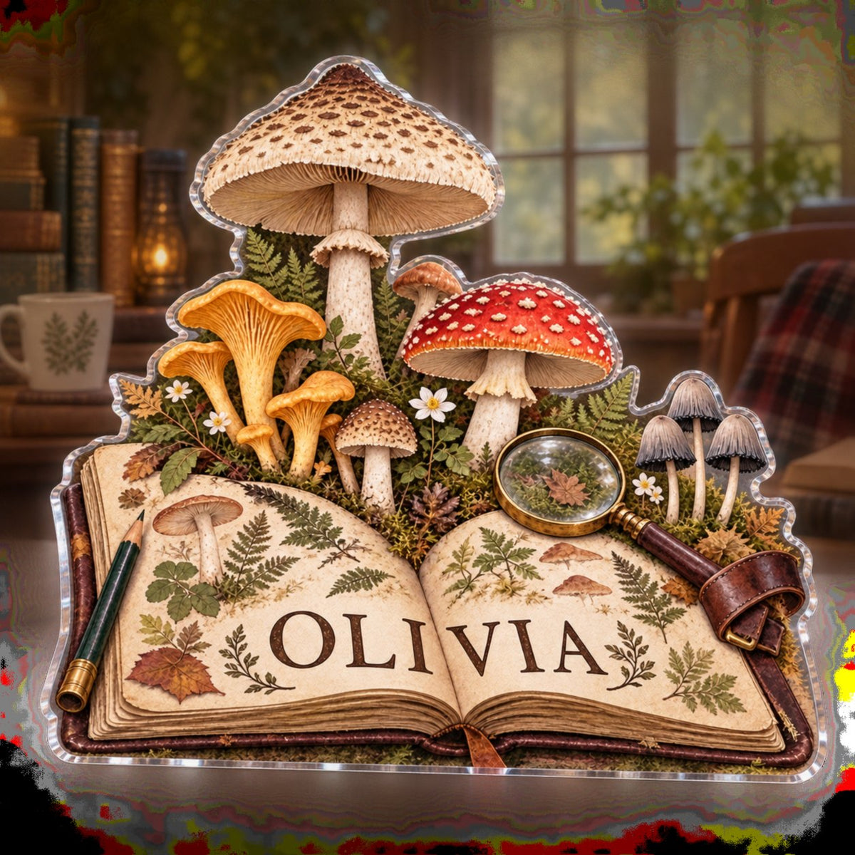 Personalized Mushroom Field Journal Reading Nook Decor custom shape acrylic plaque with an example name set into the artwork, digital preview