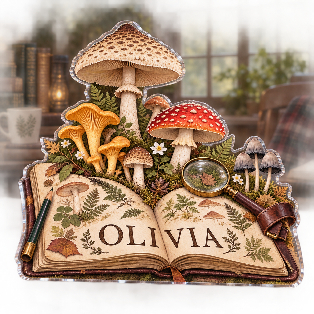 Artwork visualization: Mushroom field journal — reading nook decor, personalized OLIVIA, subject-shaped acrylic with printed optical 3D depth; not carved relief.