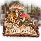 Artwork visualization: Mushroom field journal — reading nook decor, personalized OLIVIA, subject-shaped acrylic with printed optical 3D depth; not carved relief.