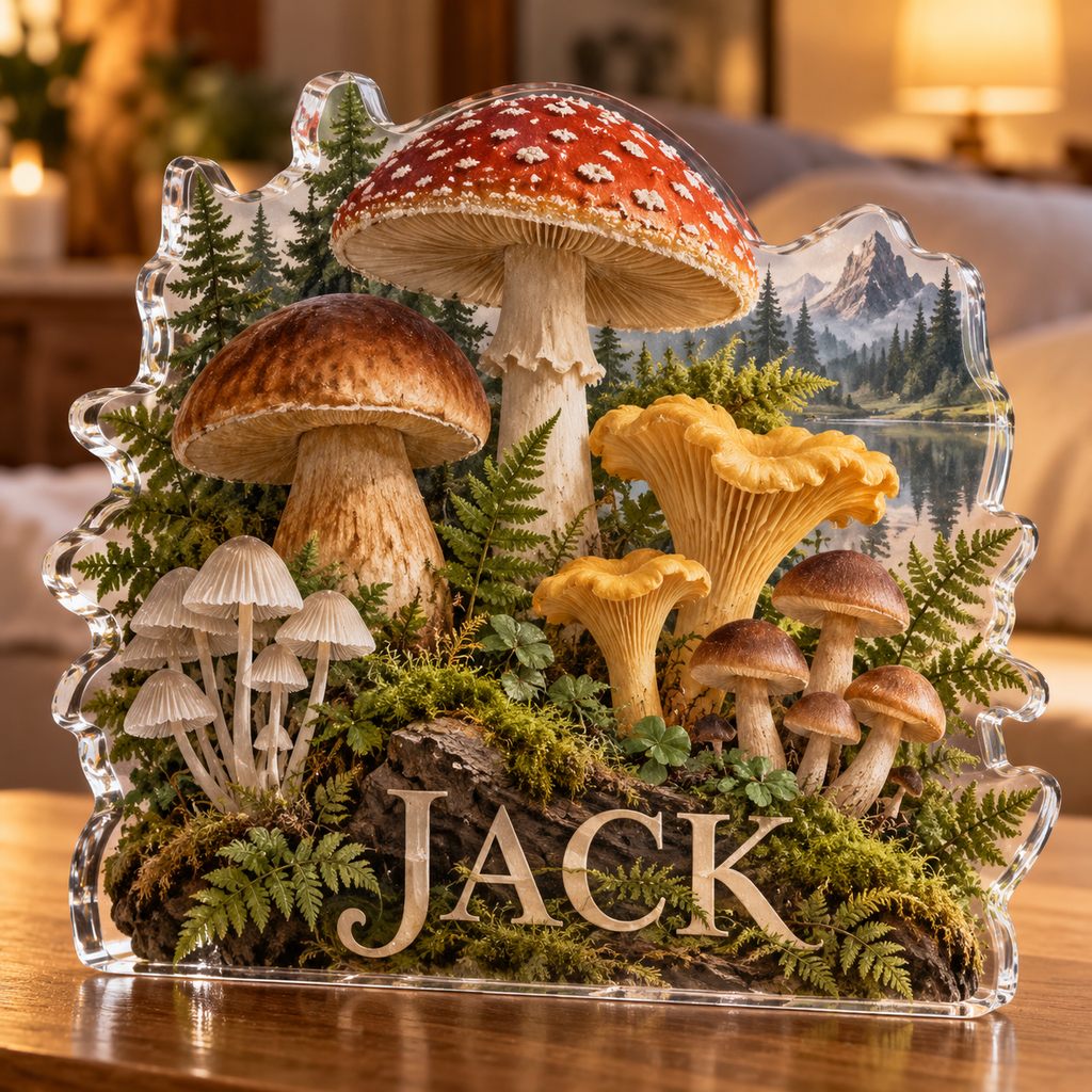 Artwork visualization: Mushroom field journal — bedroom statement decor, personalized JACK, subject-shaped acrylic with printed optical 3D depth; not carved relief.