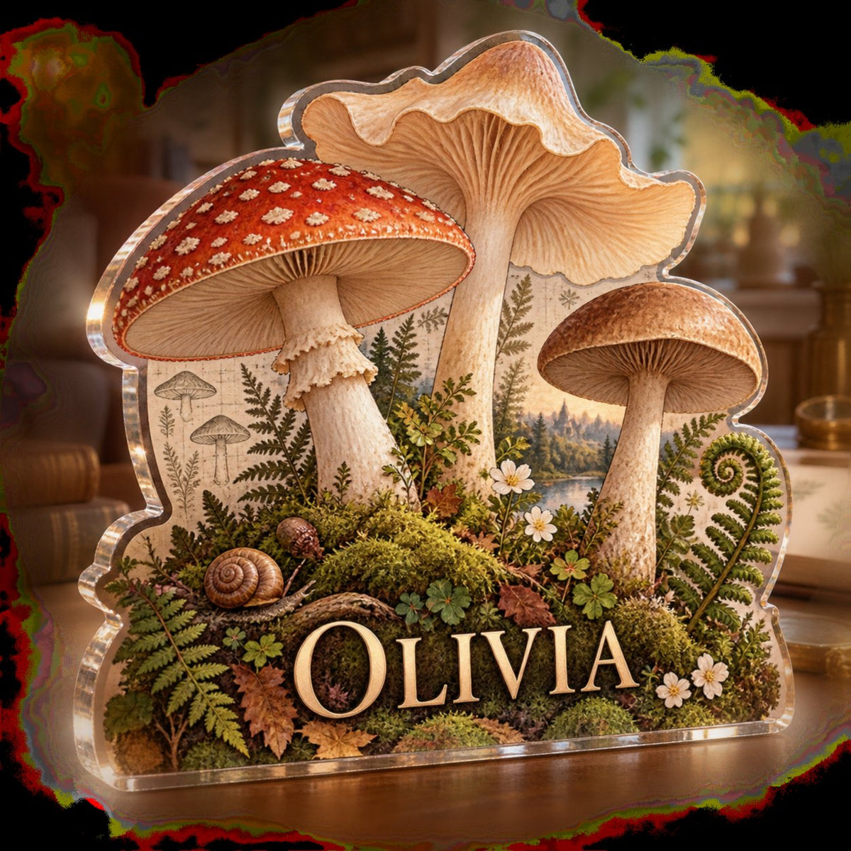 Personalized Mushroom Field Journal Living Room Focal Point custom shape acrylic plaque with an example name set into the artwork, digital preview