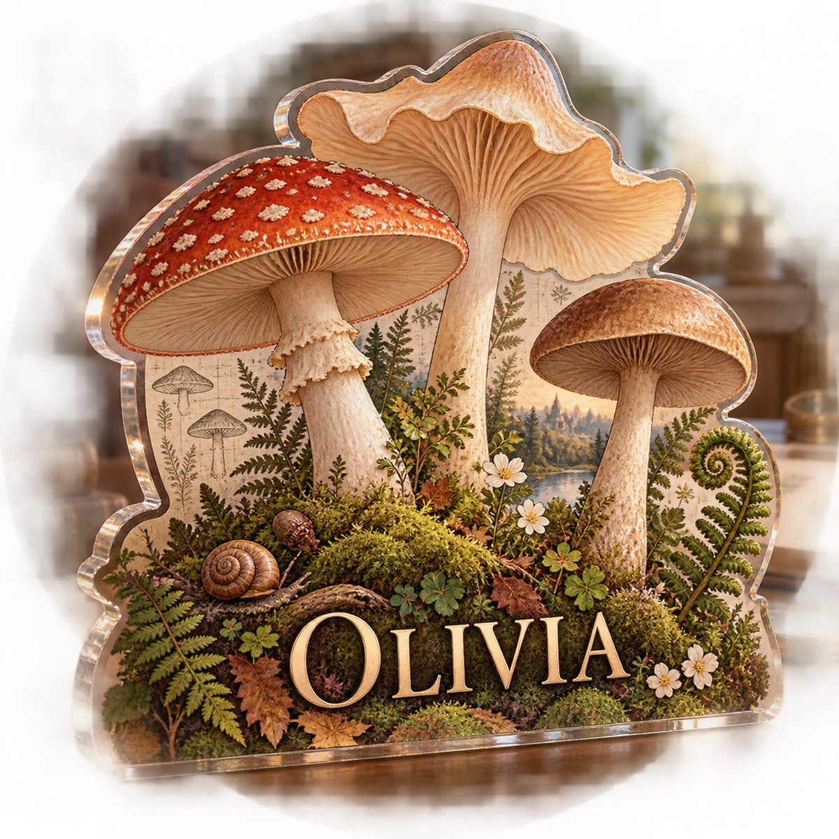 Artwork visualization: Mushroom field journal — living room focal point, personalized OLIVIA, subject-shaped acrylic with printed optical 3D depth; not carved relief.