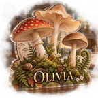 Artwork visualization: Mushroom field journal — living room focal point, personalized OLIVIA, subject-shaped acrylic with printed optical 3D depth; not carved relief.